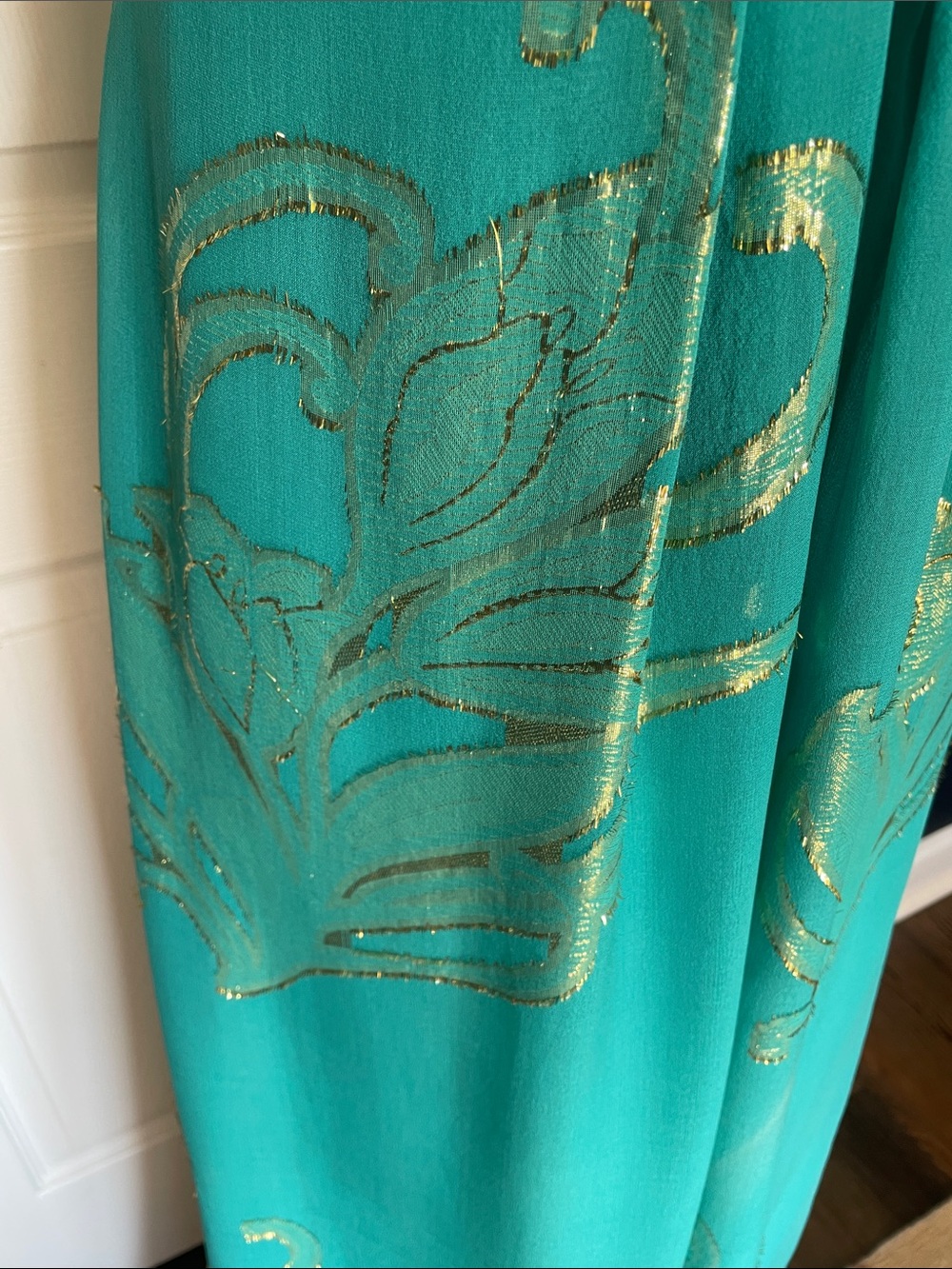NWT Silk Nicole Miller Teal Strapless Maxi Dress Gold Foil Detail Size 6 - Picture 3 of 14